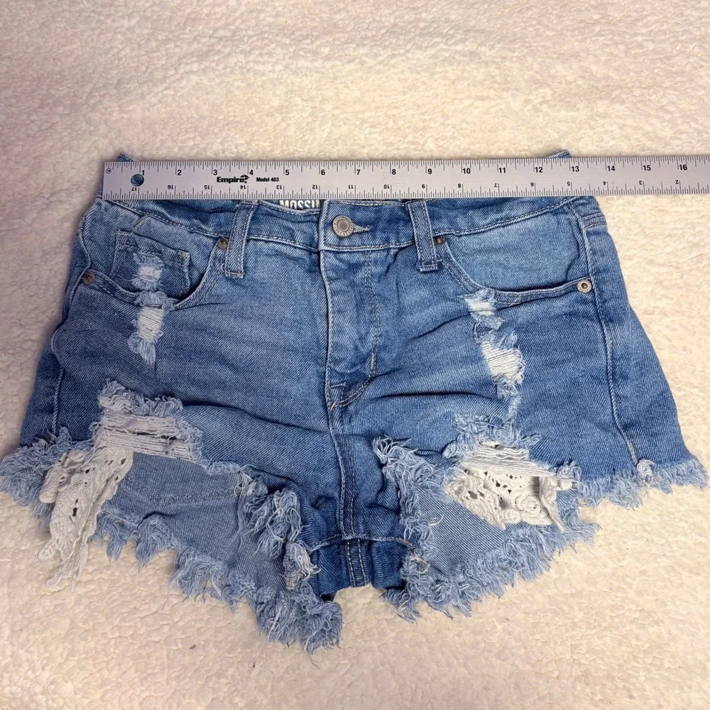 Mossimo High Rise Distressed Denim Shorts Lace Crochet Inset Blue Womens #16
